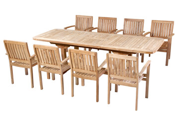 Teak garden furniture, Chairs and table set isolated in white background