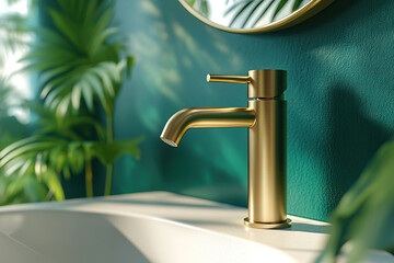 A sleek brass faucet, highlighting its polished finish and elegant design. The soft lighting accentuates the details, making it an eye-catching addition to any modern kitchen or bathroom setting.