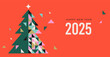 © Marina Zlochin - Happy New Year 2025, New Year background, banner, poster design. Modern minimalist geometric illustration, concept design with Christmas decorations, confetti, Xmas tree and ornaments