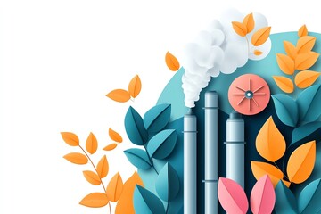 A vibrant illustration showcasing industrial pipes emitting steam amid colorful foliage, symbolizing environmental concerns.