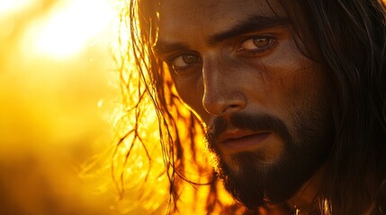 Poster - A man with long hair and a beard is looking at the camera