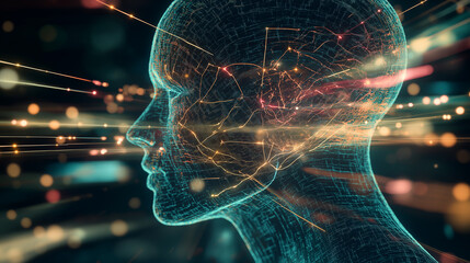 Poster - Beautiful abstract background technological and futuristic background with the image of a transparent head with nervous lines and elements of modern technologies