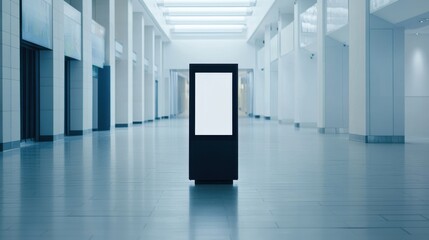 Black touchscreen kiosk in an empty shopping mall, blank advertising walls, mockup