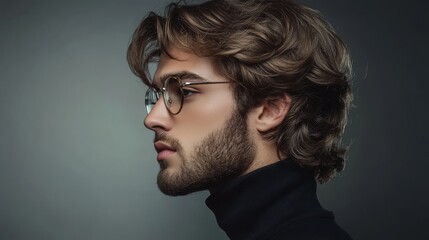 An elegant man with a stylish hairstyle and glasses in profile