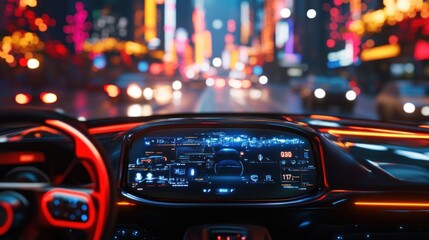 Poster - A futuristic car dashboard with vibrant city lights in the background.
