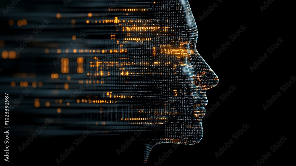 Digital Human Head with Binary Code and Glowing Lights Stock ...