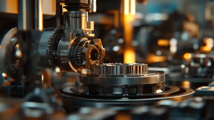 Poster - Close-up of intricate machinery gears in a manufacturing setting, showcasing industrial precision.
