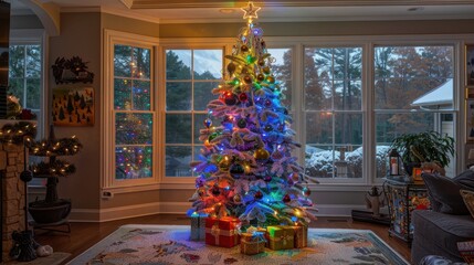 Wall Mural - Festive Christmas Tree with Colorful Lights and Gifts