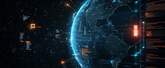 Poster - This image presents the concept of communication network technology for internet businesses. Cryptocurrency, Internet of Things, and blockchain technology are included on earth in the world of global