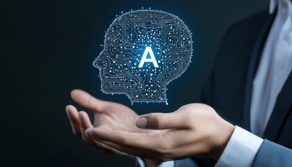 Fototapete - AI concept with hands holding digital brain.