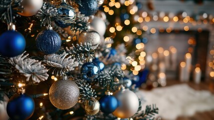 Sticker - Festive Christmas Tree with Blue and Silver Ornaments