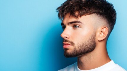 On a light background, a stylish men's haircut with fade is shown