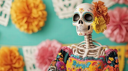 Colorful skeleton decoration celebrating life and culture, adorned with flowers and traditional attire, perfect for festive occasions.