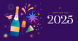 © Marina Zlochin - Happy New Year 2025, New Year background, banner, poster design. Modern vibrant illustration, concept design with Christmas decorations, confetti, champaign bottle and fireworks
