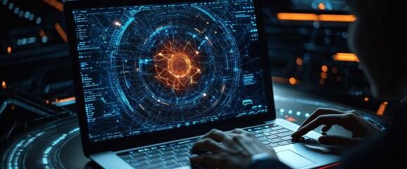 Poster - The robot hand is shown working on the laptop to check that the data on it is correct by using RPA program software software to help proof and detect and synchronize to the future technology of