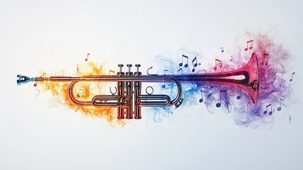 A vibrant illustration of a trumpet with colorful musical notes blending into a creative abstract art form, capturing the essence of music and emotion in vivid colors.