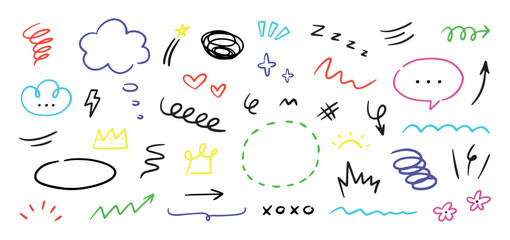 Poster - Hand drawn marker simple elements set. Grunge doodle underlines, icons, emphasis, speech bubbles, arrows and shapes. Vector illustration isolated on white background.