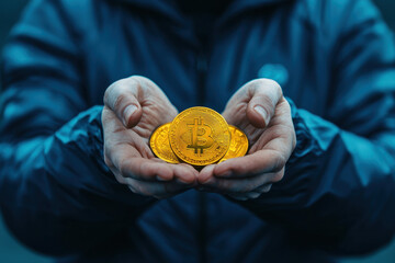 Aufkleber - Hands holding Bitcoin coins, isolated background