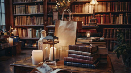 A charming library setup with stacked books, elegant stationery, and warm lighting , In a centre is copyspace, also depicted is a craft paper bag, a beautiful mockup