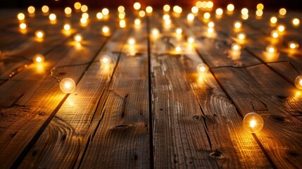 Poster - Twinkling Lights on Wooden Surface at Night