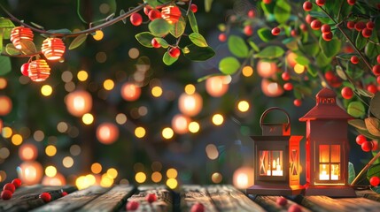 Wall Mural - Cozy Lanterns Amidst Festive Lights and Greenery