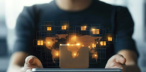 Poster - Person holding tablet with digital world map