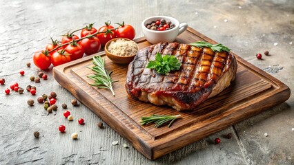 Grilled meat on wooden board with trimmings on light background