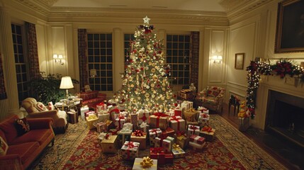 Poster - Cozy Christmas Living Room with Decorated Tree