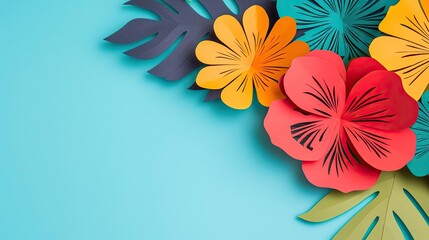 Wall Mural - Vibrant paper flowers and leaves arranged artistically on a turquoise background, perfect for decorative or creative projects.