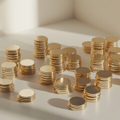 A 3D-rendered pile of gold coins, arranged in neat stacks, on a clean, white surface