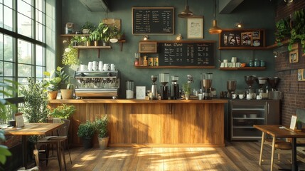 Interior design of cafe with wooden vintage style, decorated with warm and cozy tones