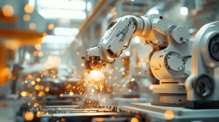 Poster - A robotic arm working in an industrial setting, creating sparks during assembly.