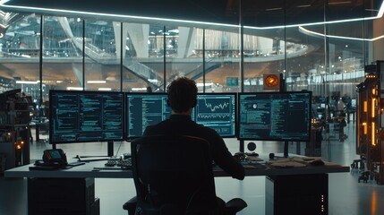 Aufkleber - Office diversity: Enthusiastic White IT Programmer working on desktop computer. Intrepid Male Specialist developing innovative software. Intrepid Engineer writing code in terminal.