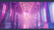 Digital Versailles corridor, neon-traced baroque paintings, holographic chandeliers, marble statues wearing virtual reality headsets, retrowave purple horizon, Windows 95 error message overlays