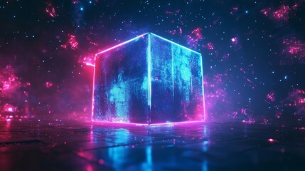 Poster - a vibrant neon cube surrounded by colorful, glowing particles in a futuristic digital landscape duri