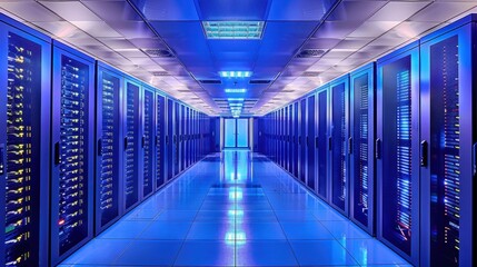 Poster - Modern Data Center with Blue Lighting and Rack Servers