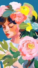 Poster - Woman with flowers painting art cartoon.