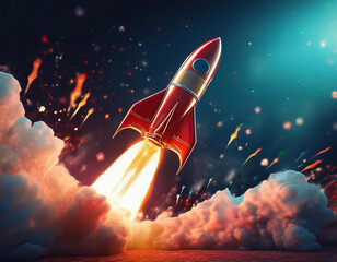 A colorful cartoon-style rocket launch, featuring a vibrant rocket blasting off with bright flames and smoke trailing behind it