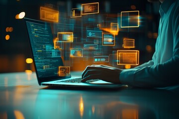 Fototapete - Online documentation database, digital file storage systems, records keeping, database technology, file access, and doc sharing are some of the concepts used in document management by businessmen.