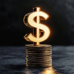 A gold dollar sign floating above a stack of coins, glowing softly against a clean backdrop