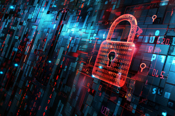 Poster - data security breach digital system hacked internet cyber attack alert concept with virtual display of red padlock in futuristic digital tech environment