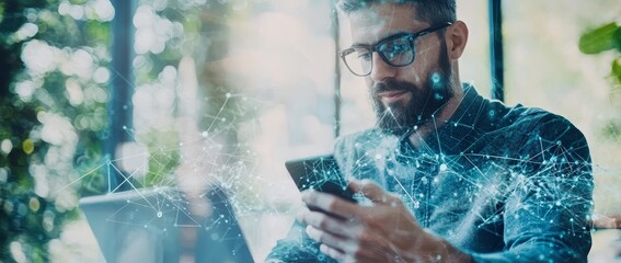 Aufkleber - A man surfing the internet in the futuristic metaverse using a modern computer. Digital technology, internet network connections, big data, digital marketing, and IOT, or the Internet of Things.