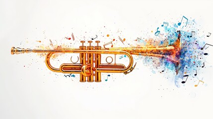 This image showcases a golden trumpet enveloped in a vibrant array of waveforms depicting musical notes, symbolizing the lively and spirited essence of sound.