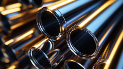 Poster - A close-up view of metallic pipes showcasing reflections and light dynamics.