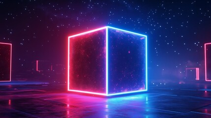 Poster - Neon-colored cube surrounded by glowing elements in a dark environment with starry background