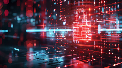  - data security breach digital system hacked internet cyber attack alert concept with virtual display of red padlock in futuristic digital tech environment