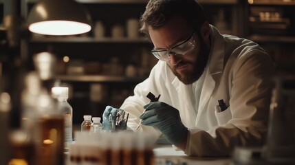 Poster - scientist conducts experiments in a laboratory filled with various chemical samples during the eveni