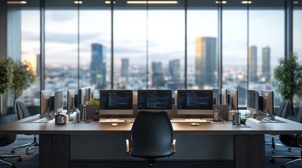 Poster - Modern office workspace with multiple computer monitors and a city view.