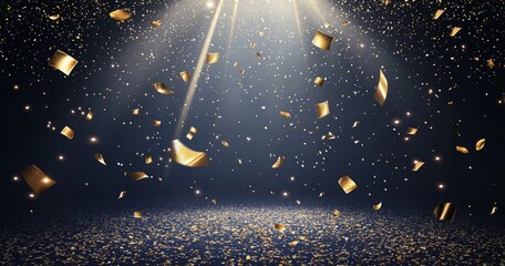 Poster - Golden confetti rains on festive stage with light beam in the center, empty room mockup with copy space for award ceremony, jubilee, New Year's party or product presentation.