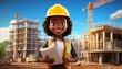 © Wat.Pt - 3D cartoon character engineer with blueprint; engineering and architecture; woman
